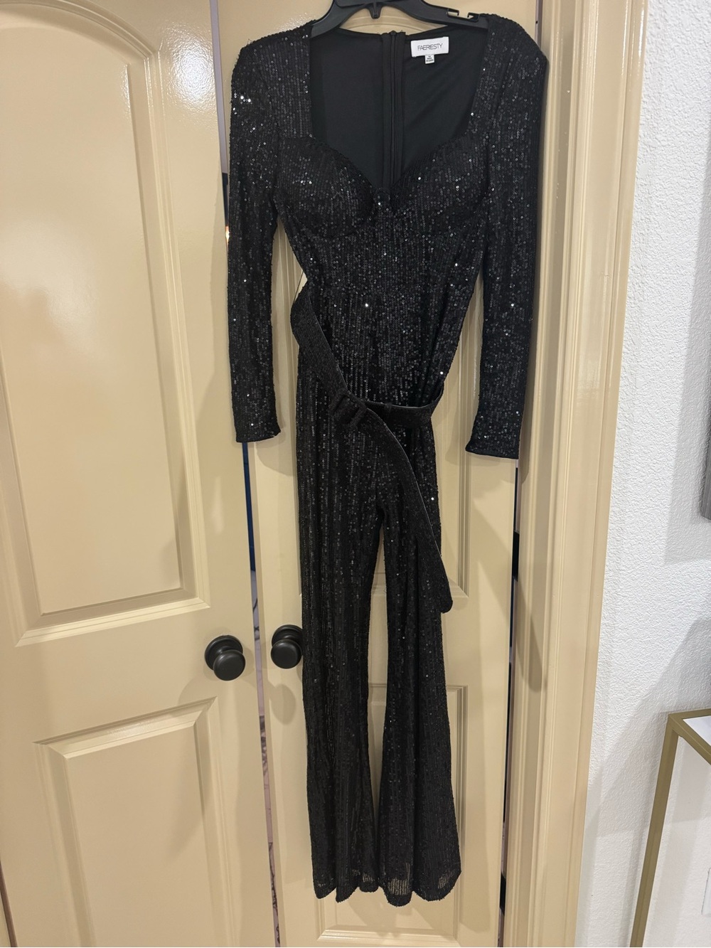 Faeriesty Black Sequin Long Sleeve Jumpsuit with Belt